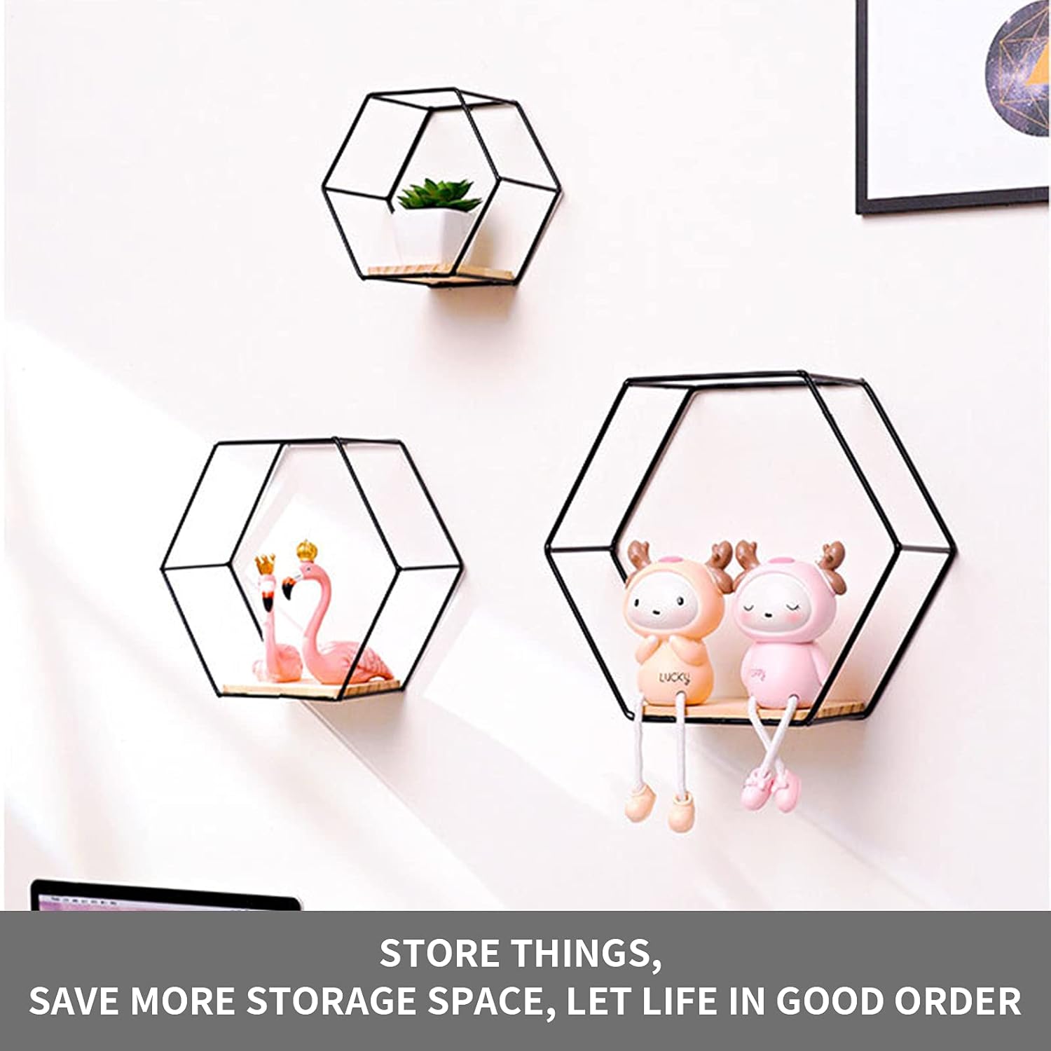 Black Wall Mounted Hexagonal Floating Shelves Set of 3
