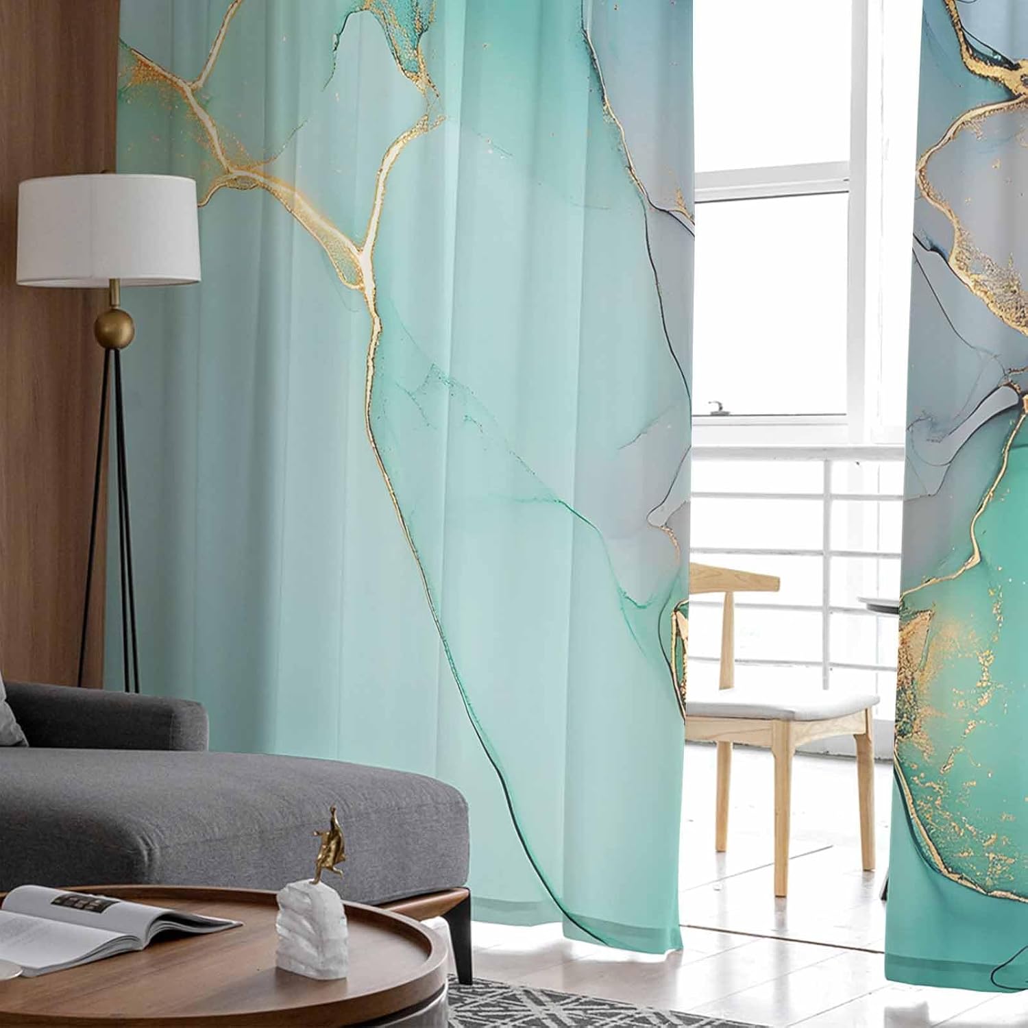 Marble Blue Green Sheer Curtains 84 Inch 2 Panels Set