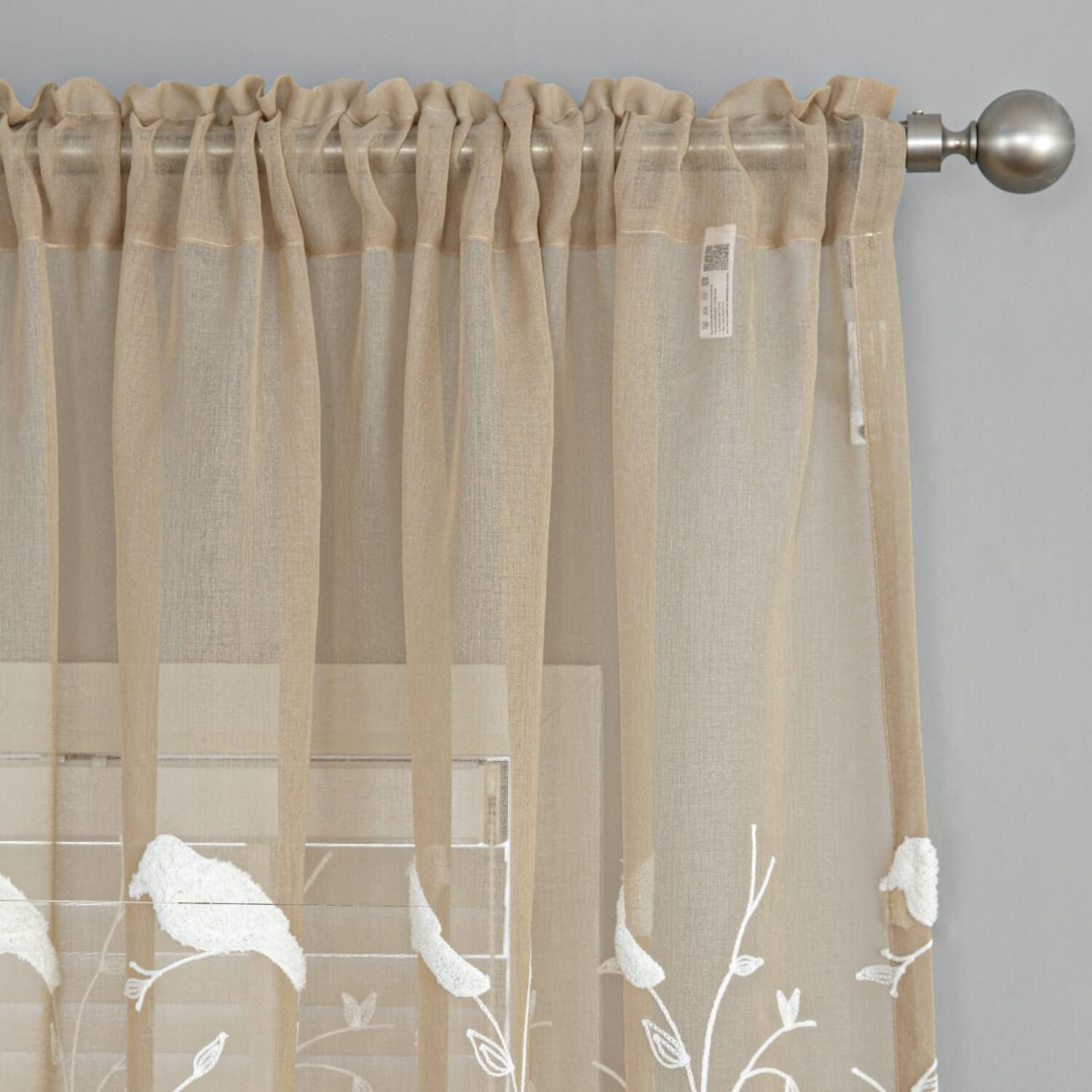 VOGOL White Bird Pattern Taupe Sheer Curtains 2 Panels