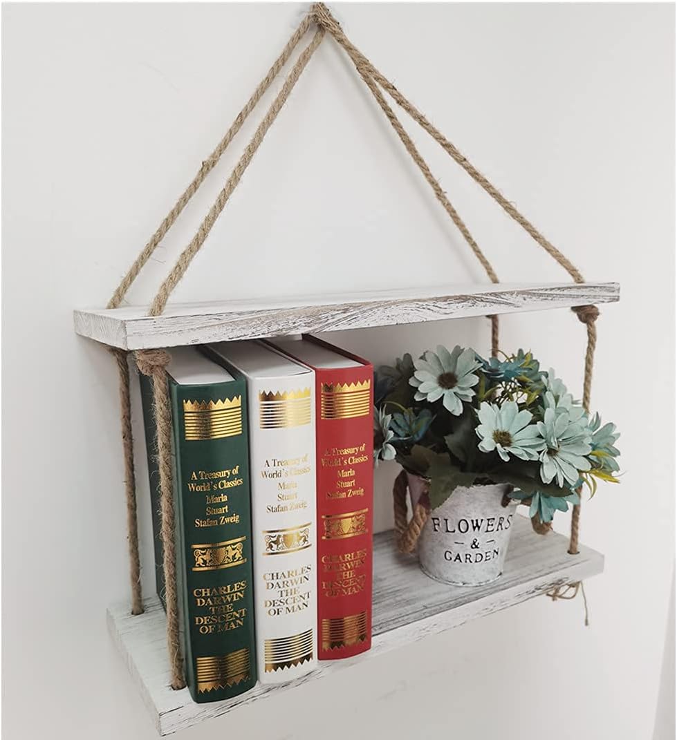 2-Piece Rustic White Wood Shelf Set with Hooks and Ropes
