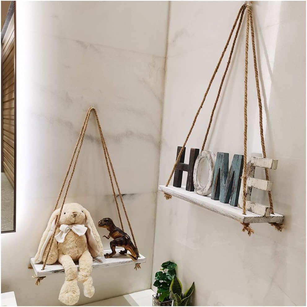 2-Piece Rustic White Wood Shelf Set with Hooks and Ropes
