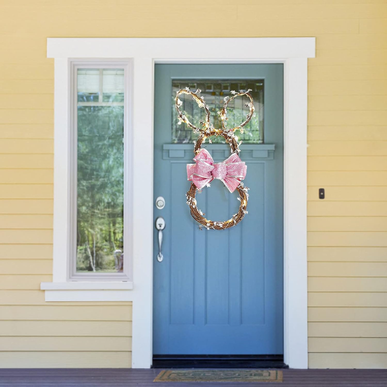 Foldable Rattan Rabbit Wreath Hanger with LED Light