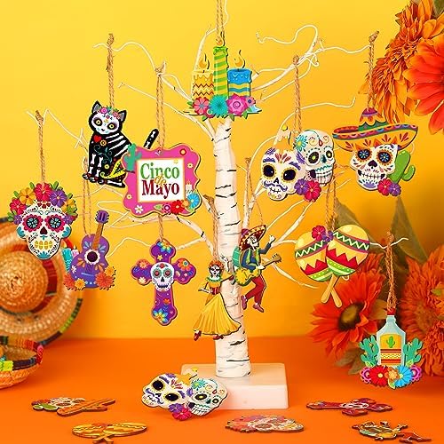 Soaoo 36 Pcs Day of the Dead Wooden Ornaments
