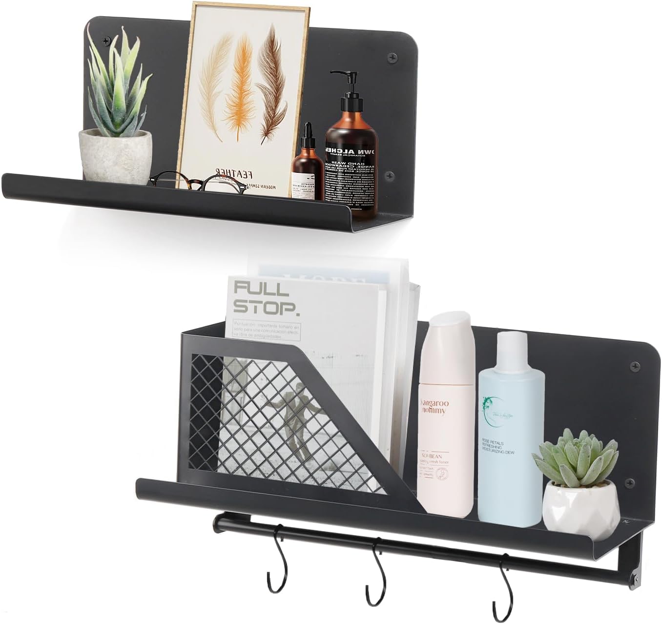 Floating Shelves Set of 2 with Black Rods and Hooks
