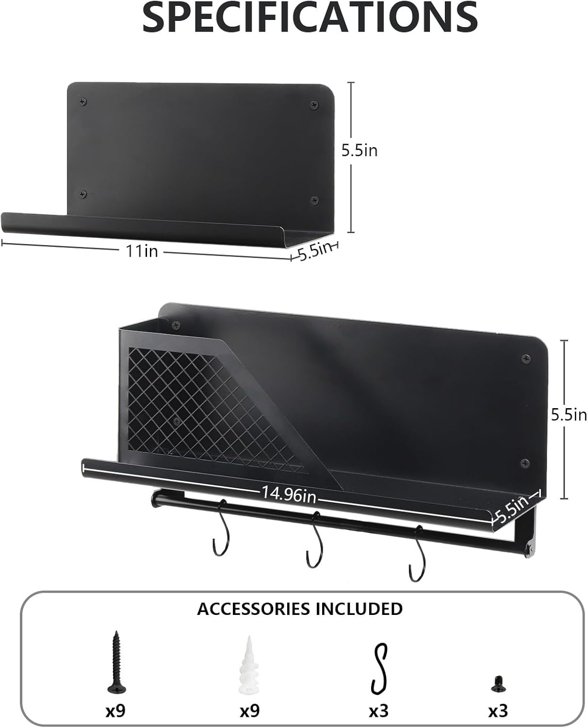 Floating Shelves Set of 2 with Black Rods and Hooks