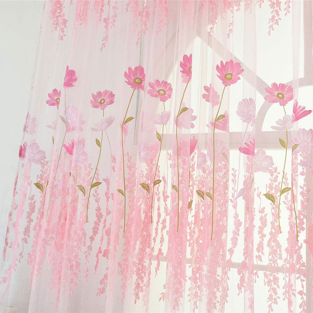 Tulle Voile Curtain with Floral Pattern for Bedroom and Living Room