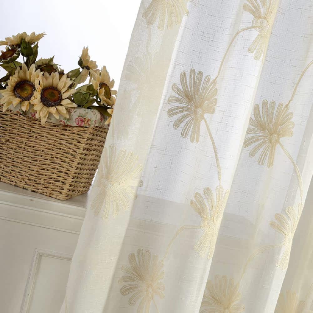 White Sheer Linen Cotton Thread Embroidery Panel Curtains 100x102 Inch