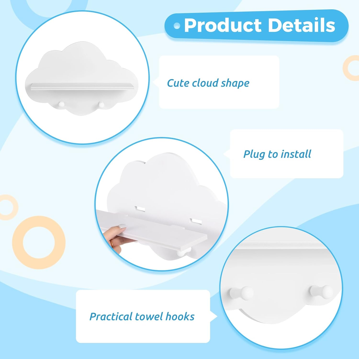 3PCS Wavy Cloud Wall Shelves White Kawaii Design