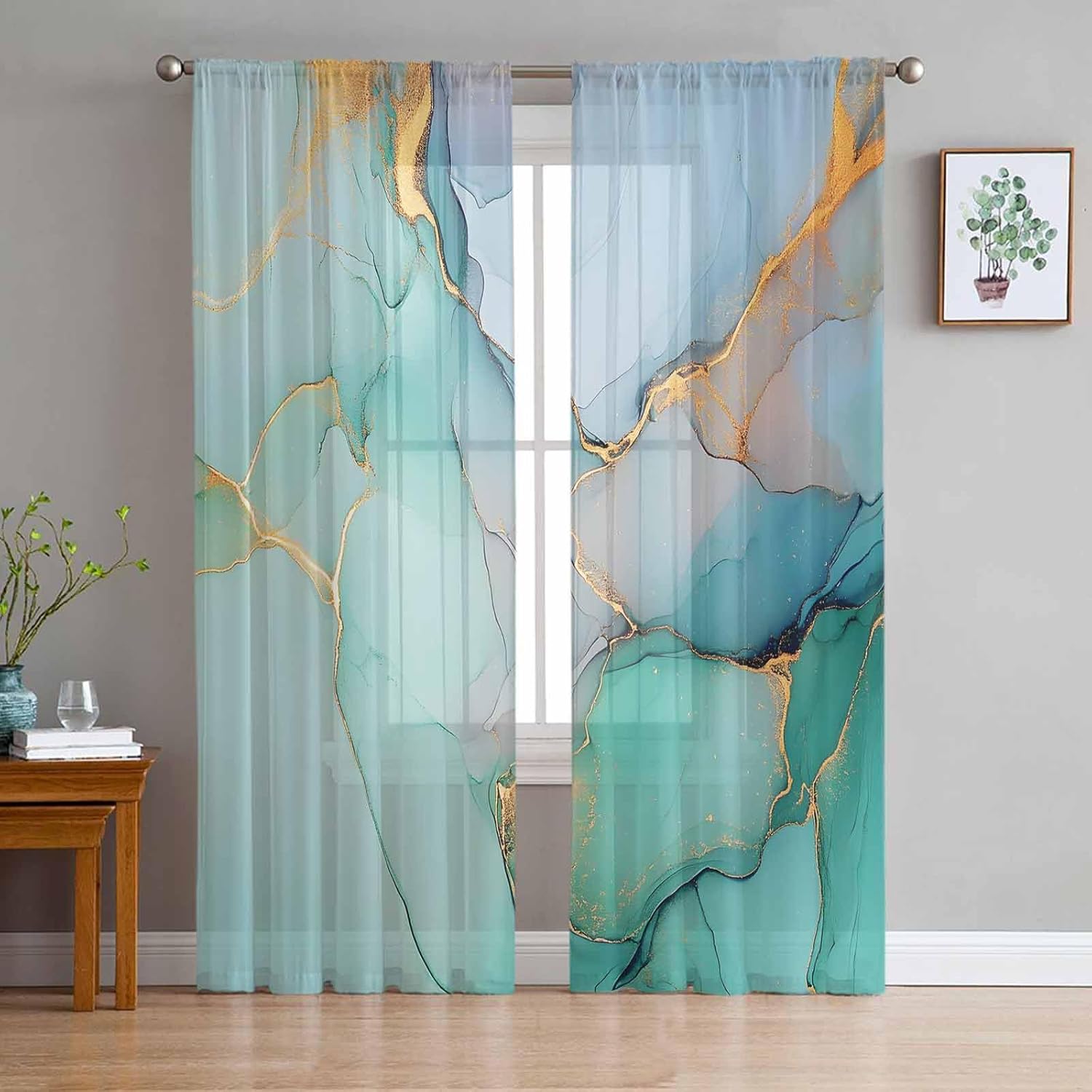 Marble Blue Green Sheer Curtains 84 Inch 2 Panels Set
