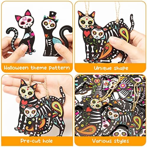 WATINC 31pcs Day of the Dead Cat Skeleton Wood Hanging Ornament