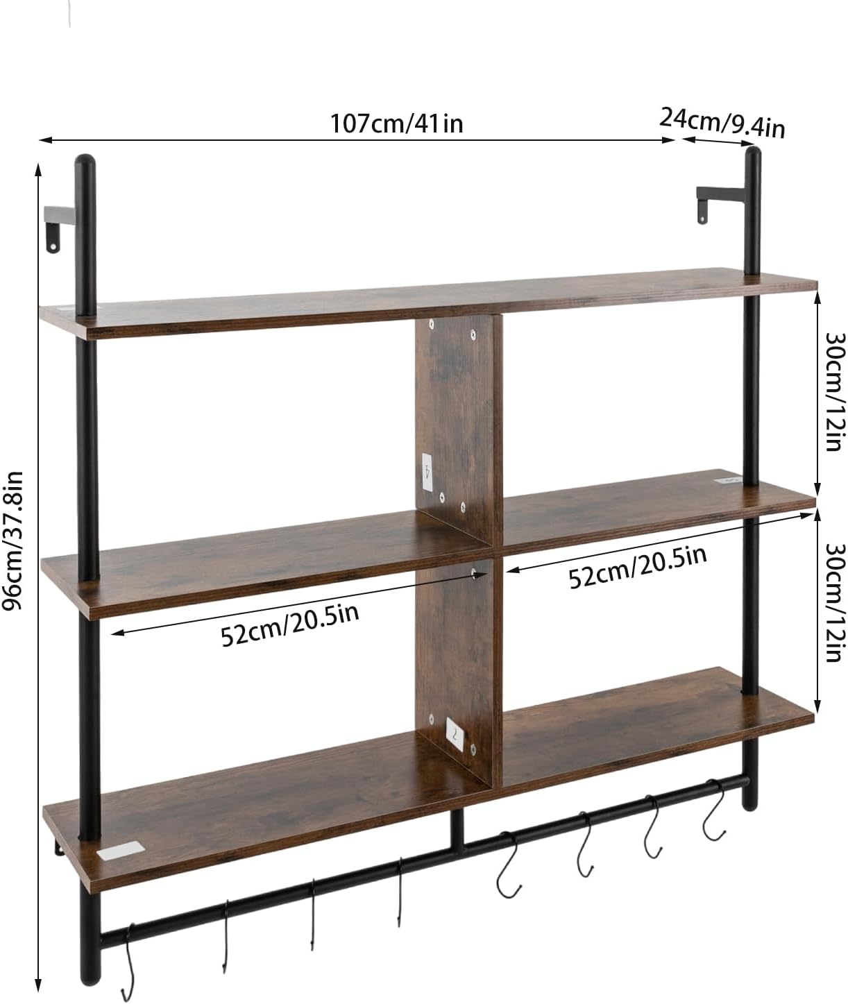 3 Tiers Wood Floating Shelving with Hooks