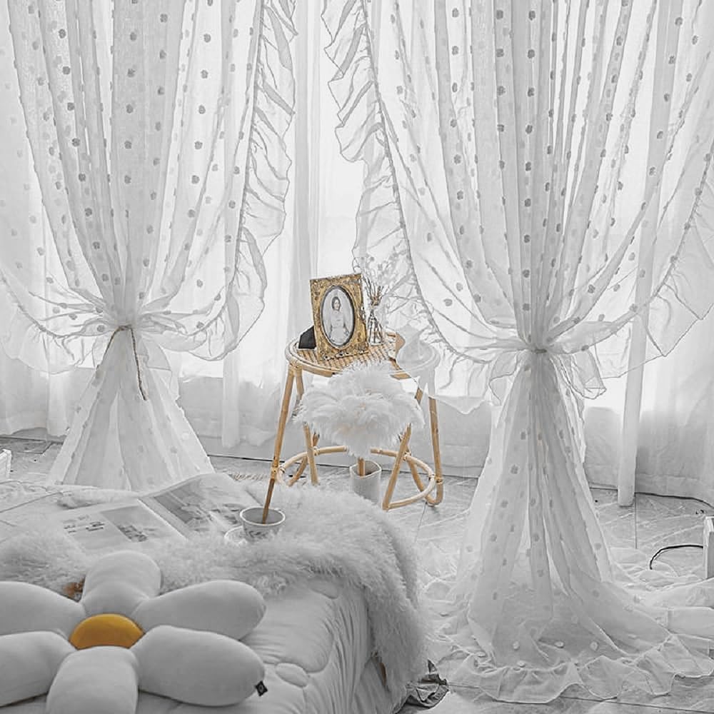Gxi White Sheer Pompom Curtains for Large Bay Windows 1 Panel