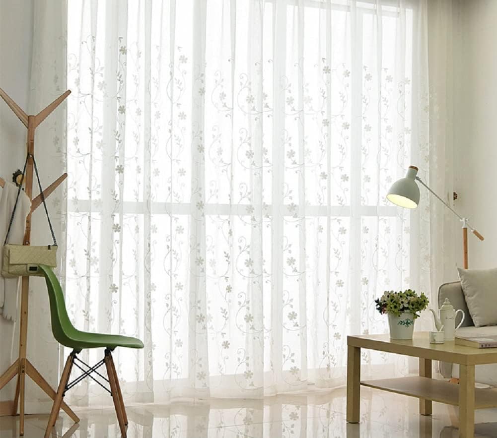 Semi Sheer Curtains with White Flowers 2 Panels