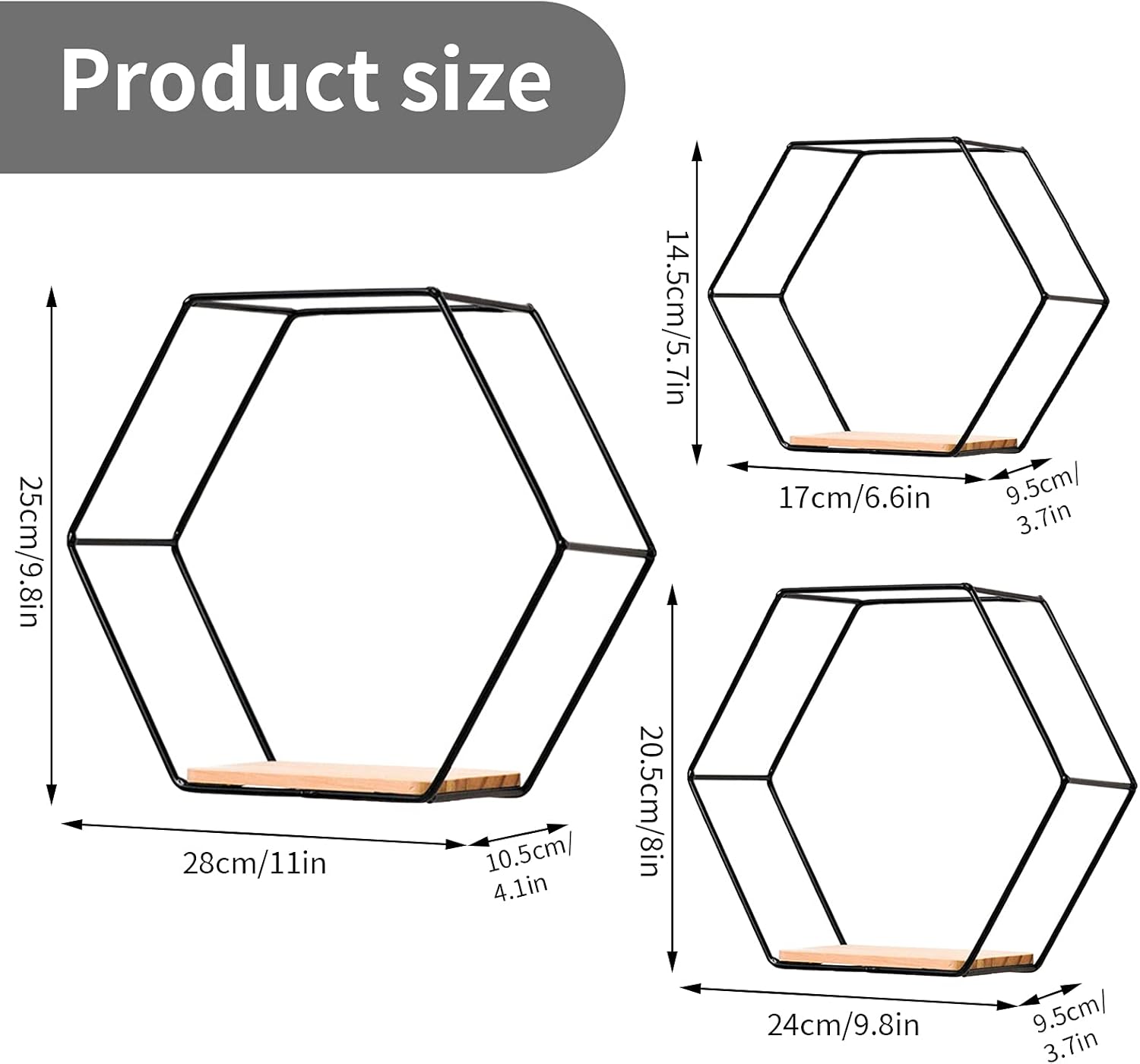 Black Wall Mounted Hexagonal Floating Shelves Set of 3