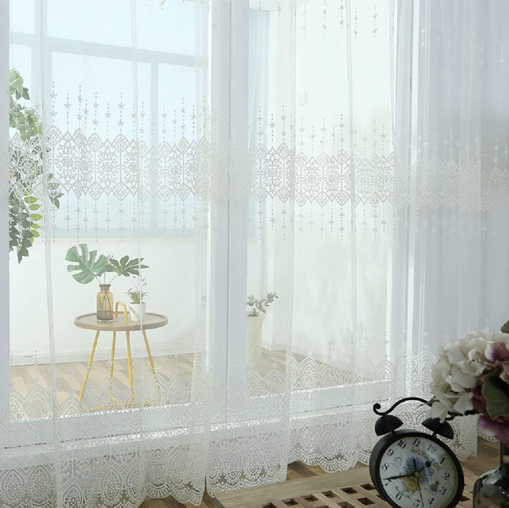 Iuokuby White Semi Line Sheer Curtains 2 Panels