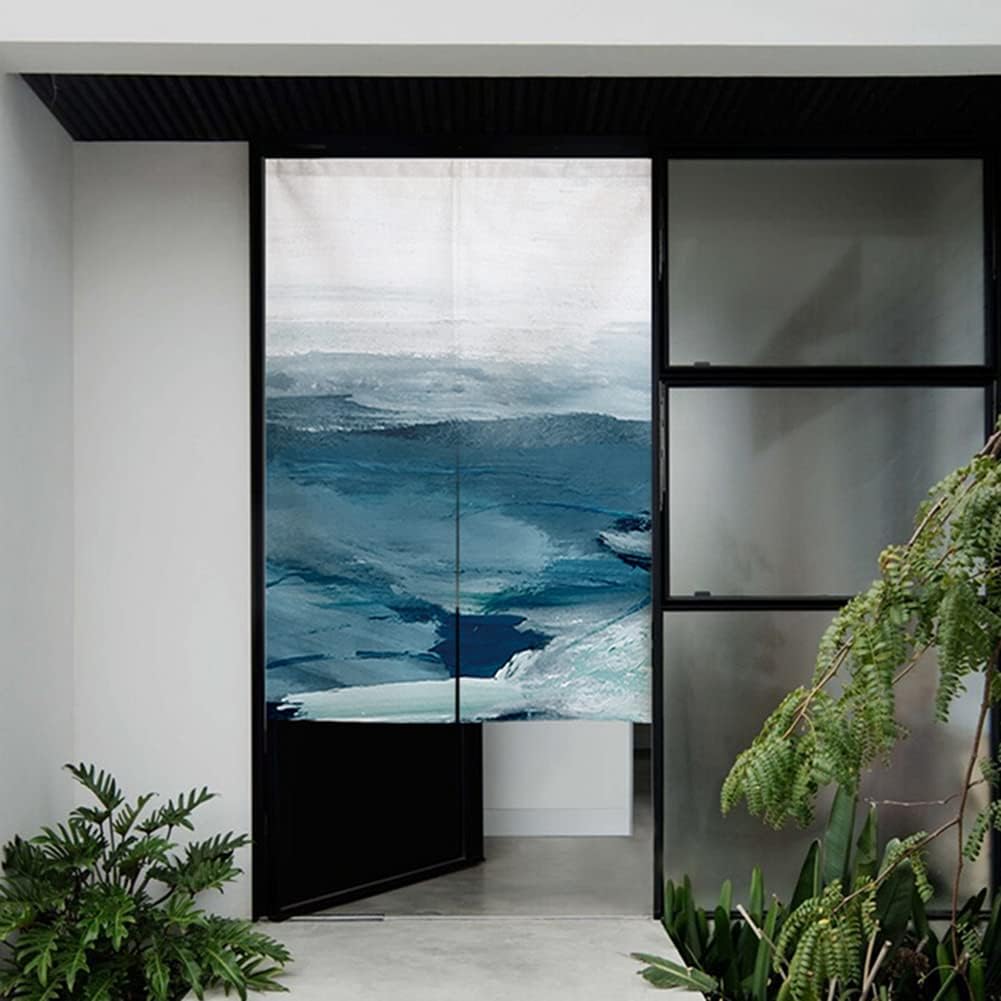 Japanese Noren Door Curtain Abstract Ocean Blue Modern Art Panel