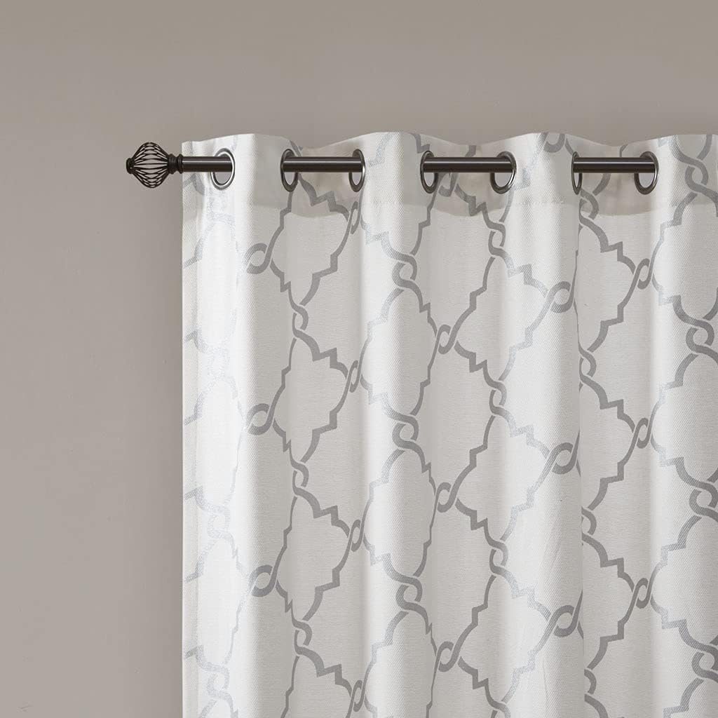 Fretwork Print Grommet Top Curtain Panel Ivory and Grey 50x108 Inches