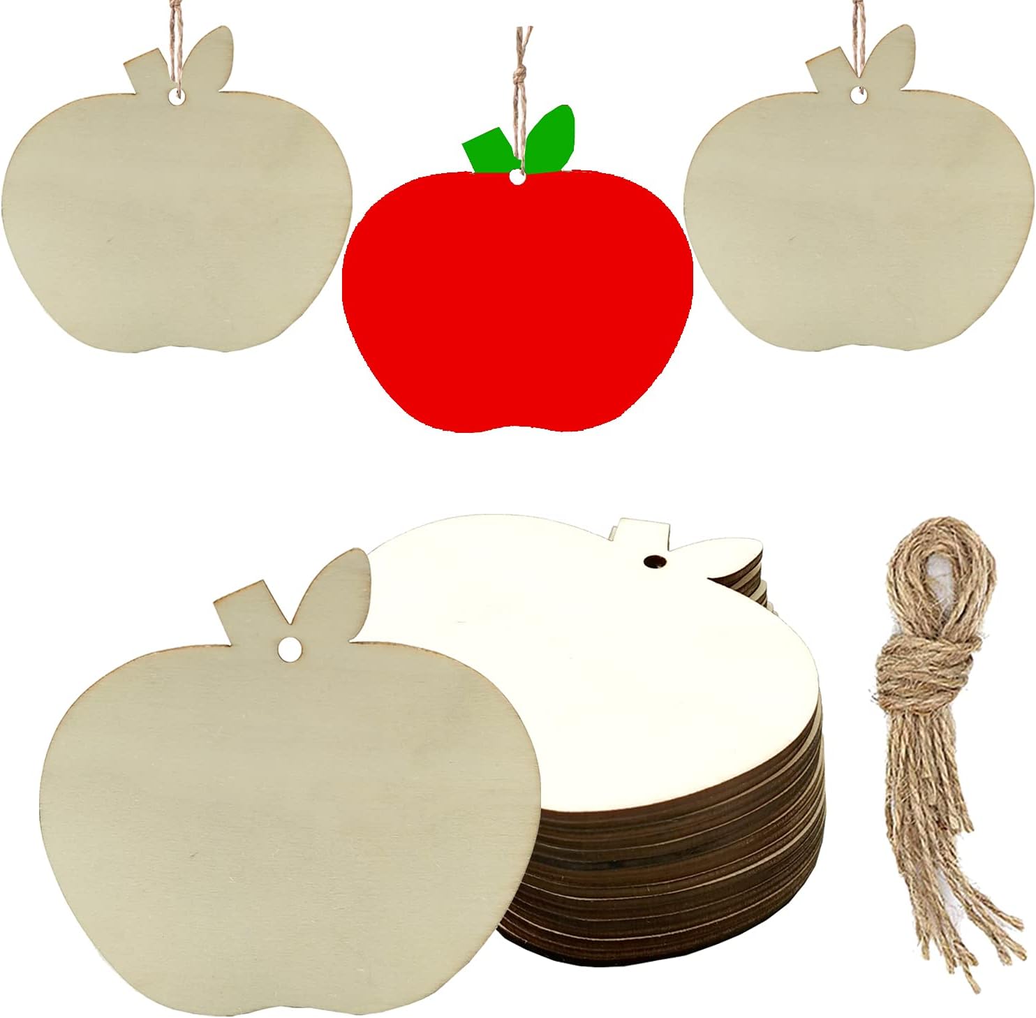 30 Pieces Wood Apple Hanging Ornaments with Hemp Rope