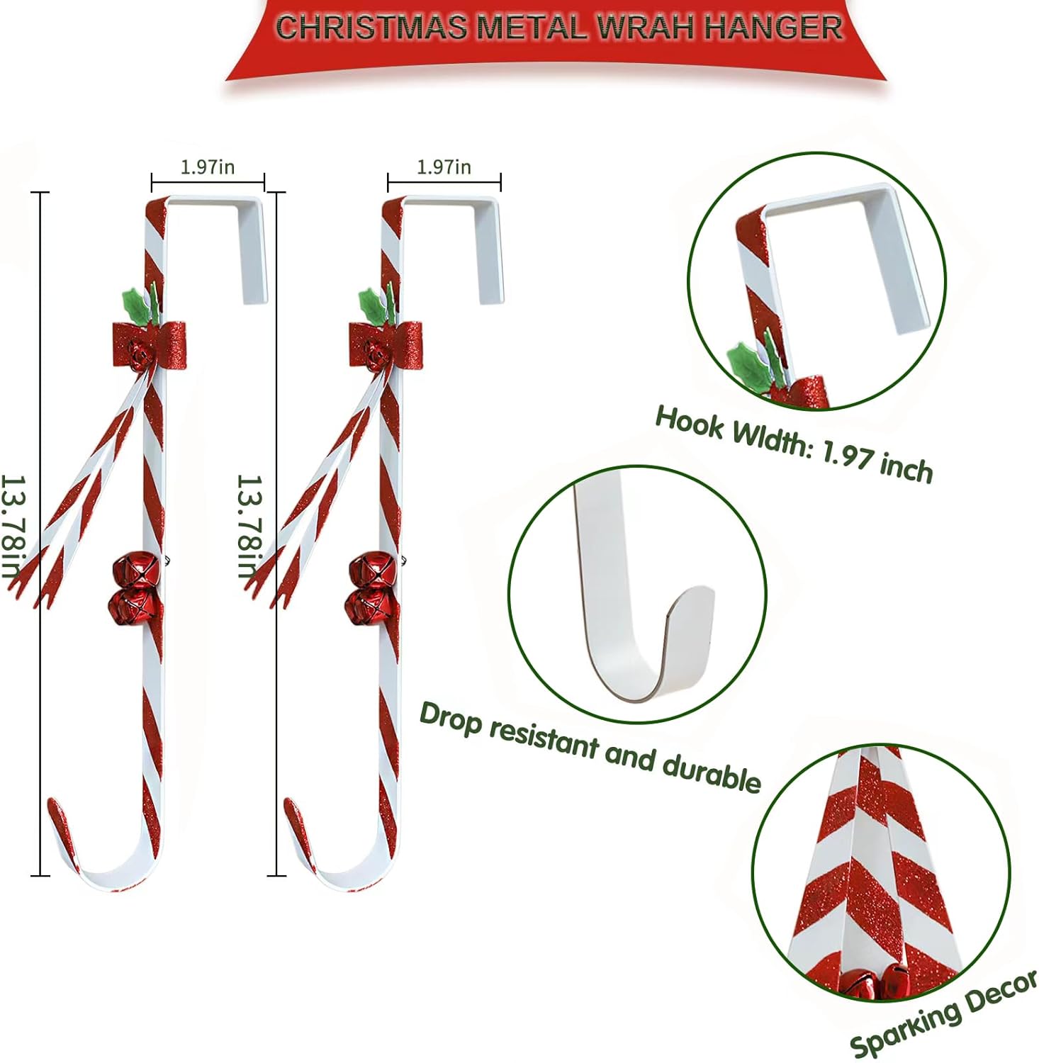 2 Pack Candy Cane Wreath Hangers for Front Door