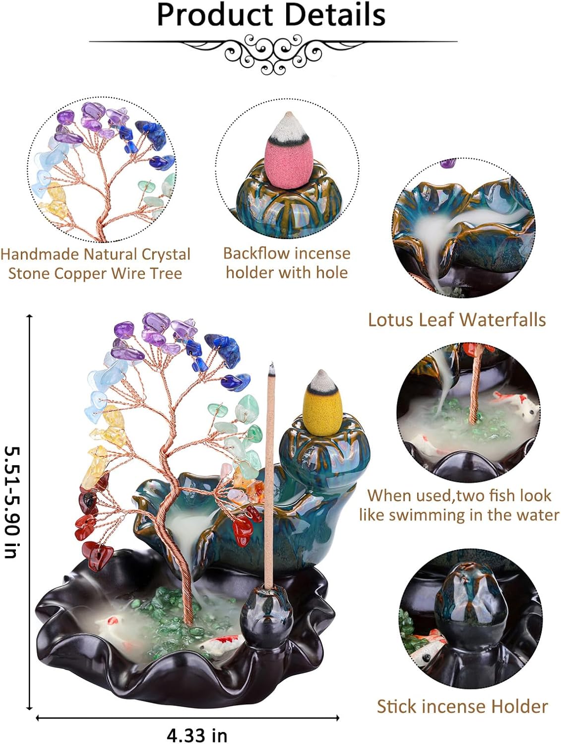 Jovivi Backflow Incense Burner with 7 Chakra Stones