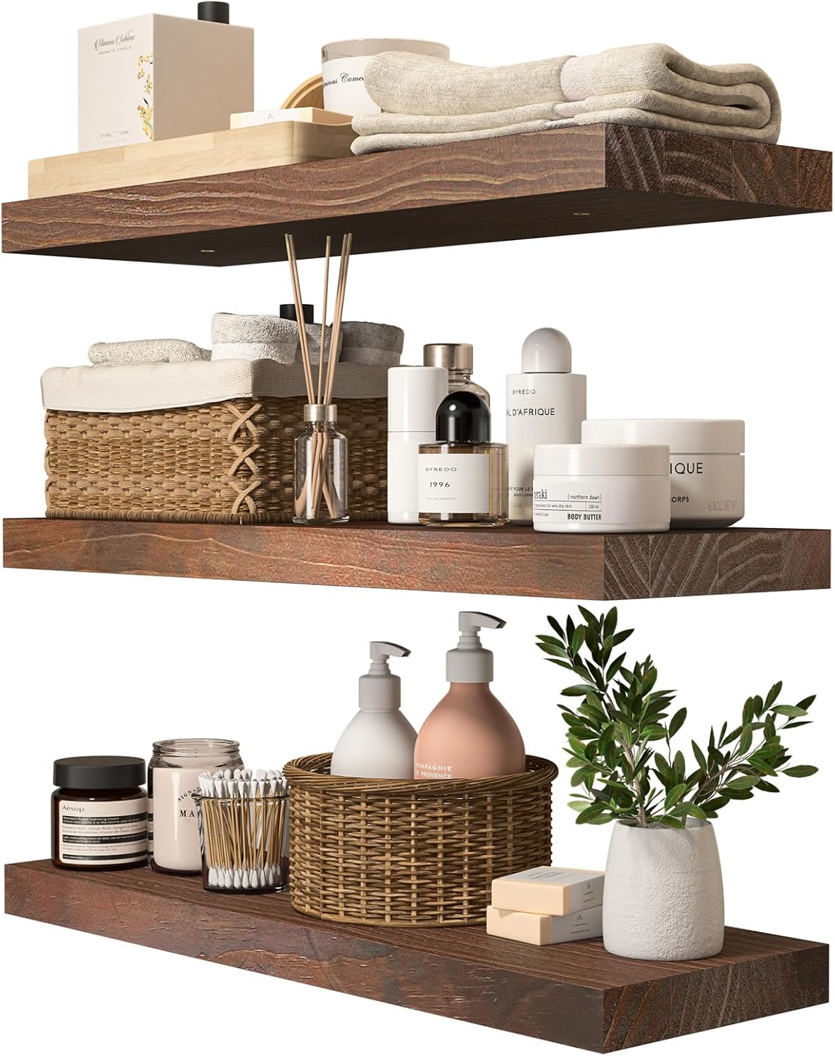 SODUKU Natural Wood Floating Shelves Set of 3 24 Inch Walnut