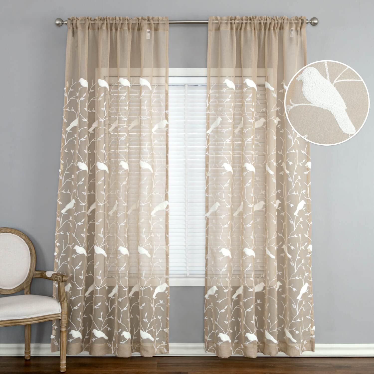 VOGOL White Bird Pattern Taupe Sheer Curtains 2 Panels