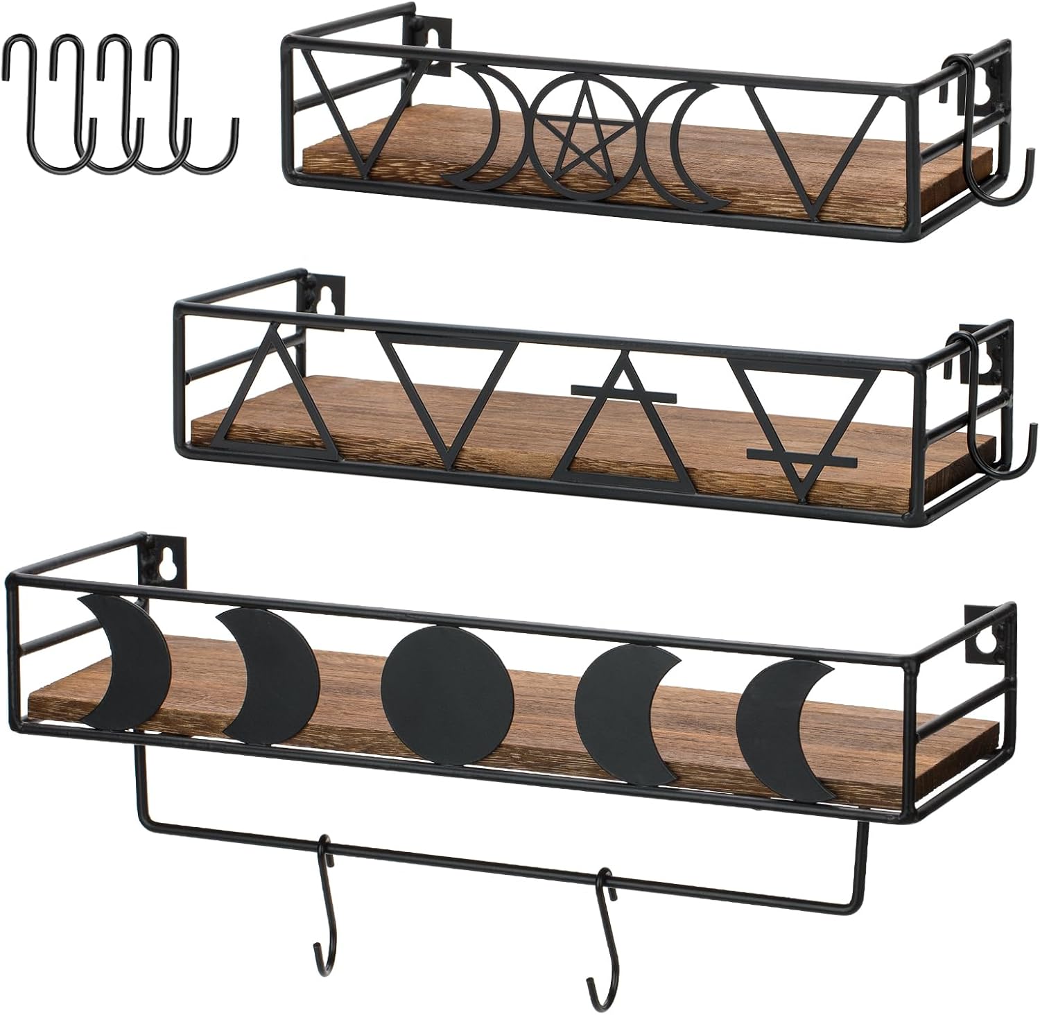 Pracaniz Moon Phase Wall Shelf with 4 Hooks