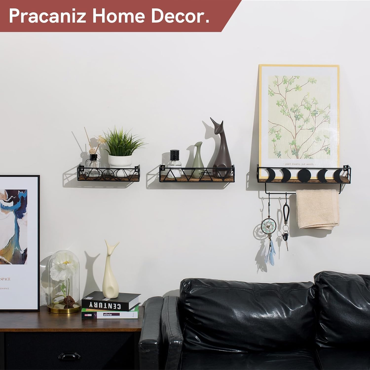 Pracaniz Moon Phase Wall Shelf with 4 Hooks