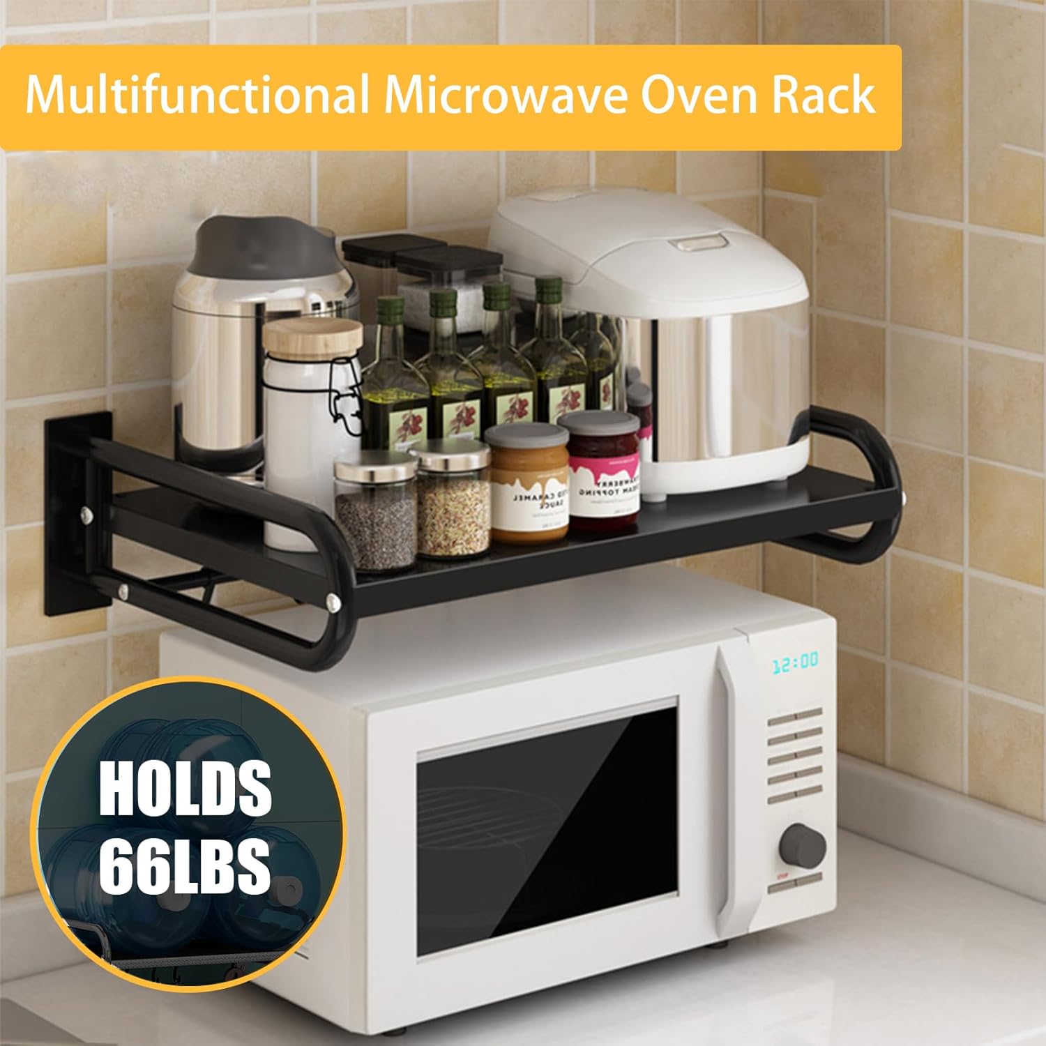 Wall Mount Microwave Oven Shelf with 6 Hooks Black