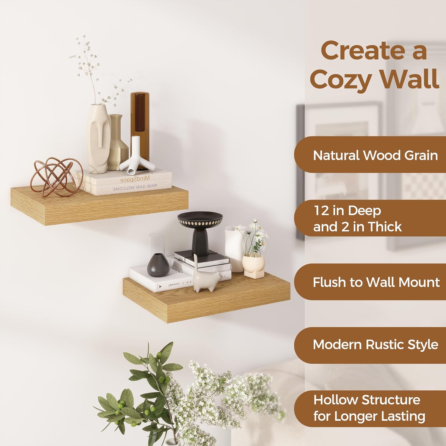 12 Inch Deep Floating Shelves 2 Pack Oak Wood