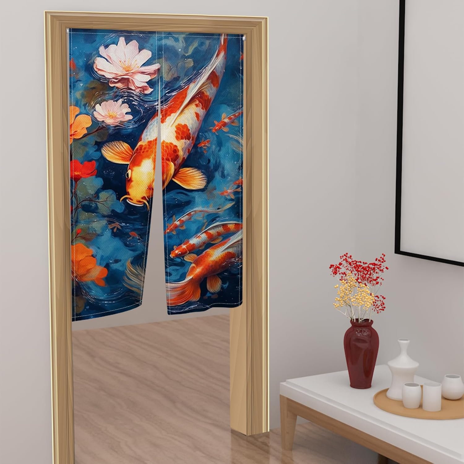 Red White Koi Noren Door Curtain for Kitchen and Bathroom