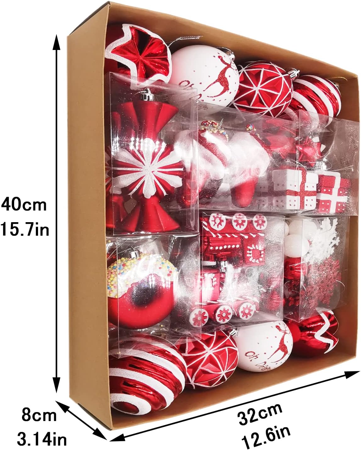 Christmas Tree Ball Ornaments Set 70 ct Red White Candy Train Theme