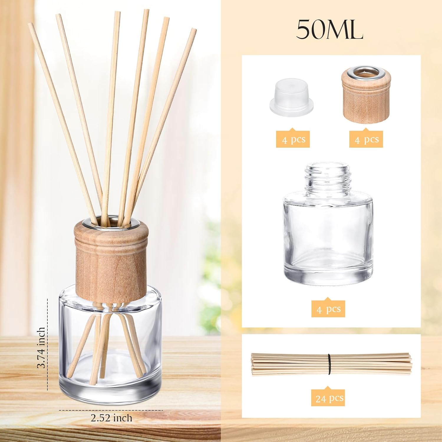 Roshtia 4 Piece Reed Diffuser Set with Wooden Caps and Rattan Sticks