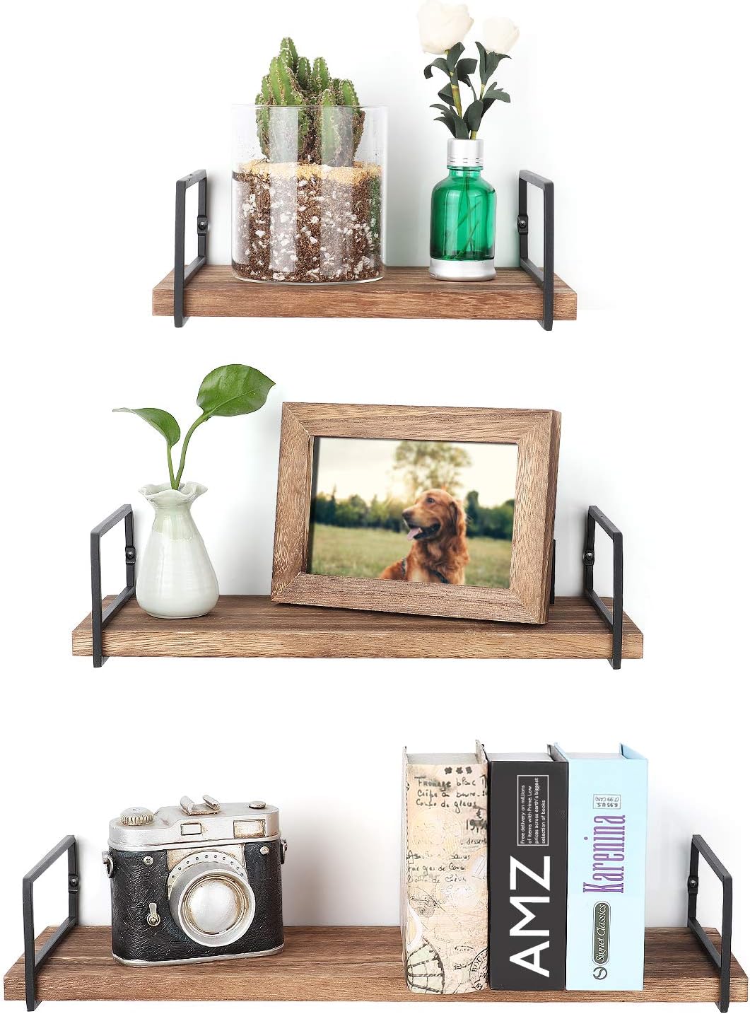 Floating Wall Shelves Set of 3 Rustic Wood Storage for Home