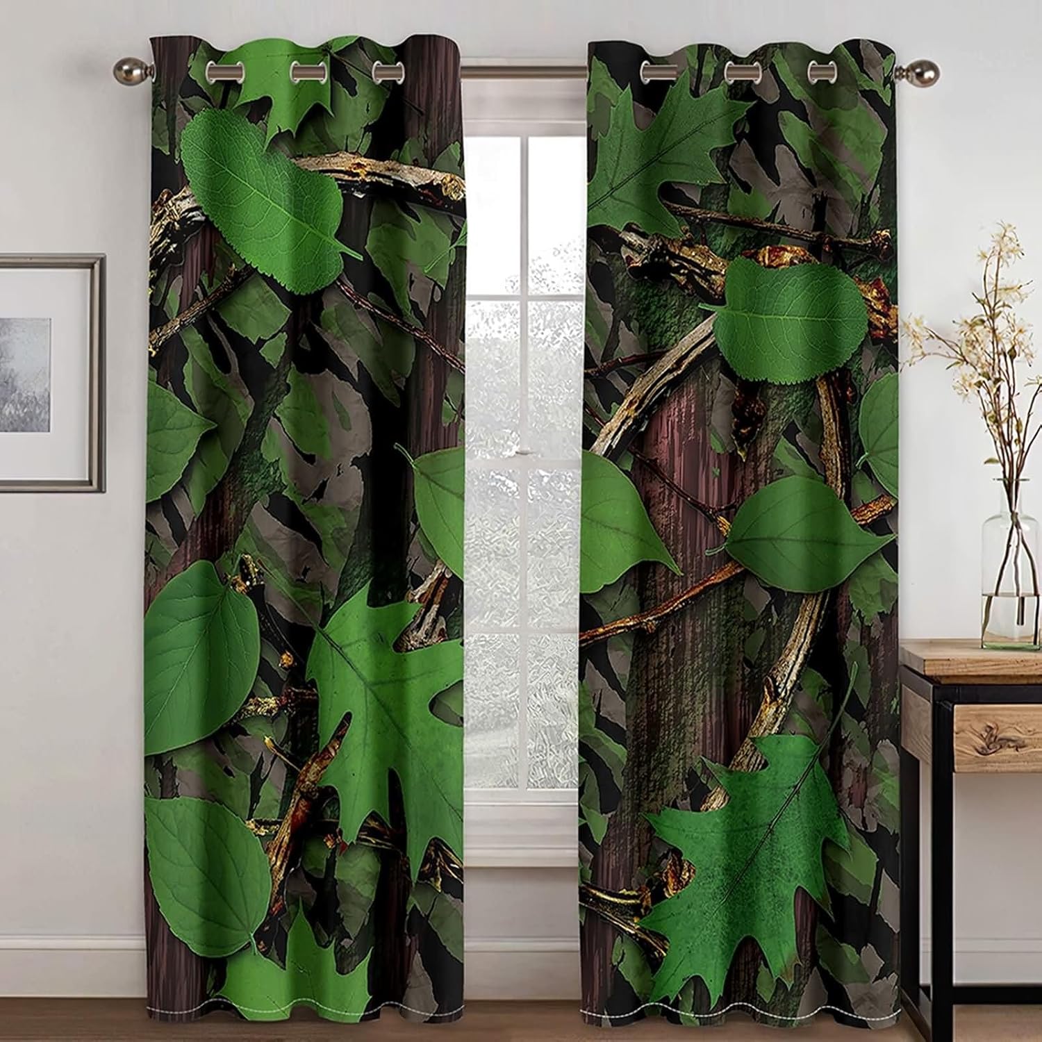 Homxi Kitchen Curtains 2 Panel Blackout Drapes with Grommets Leaves Pattern