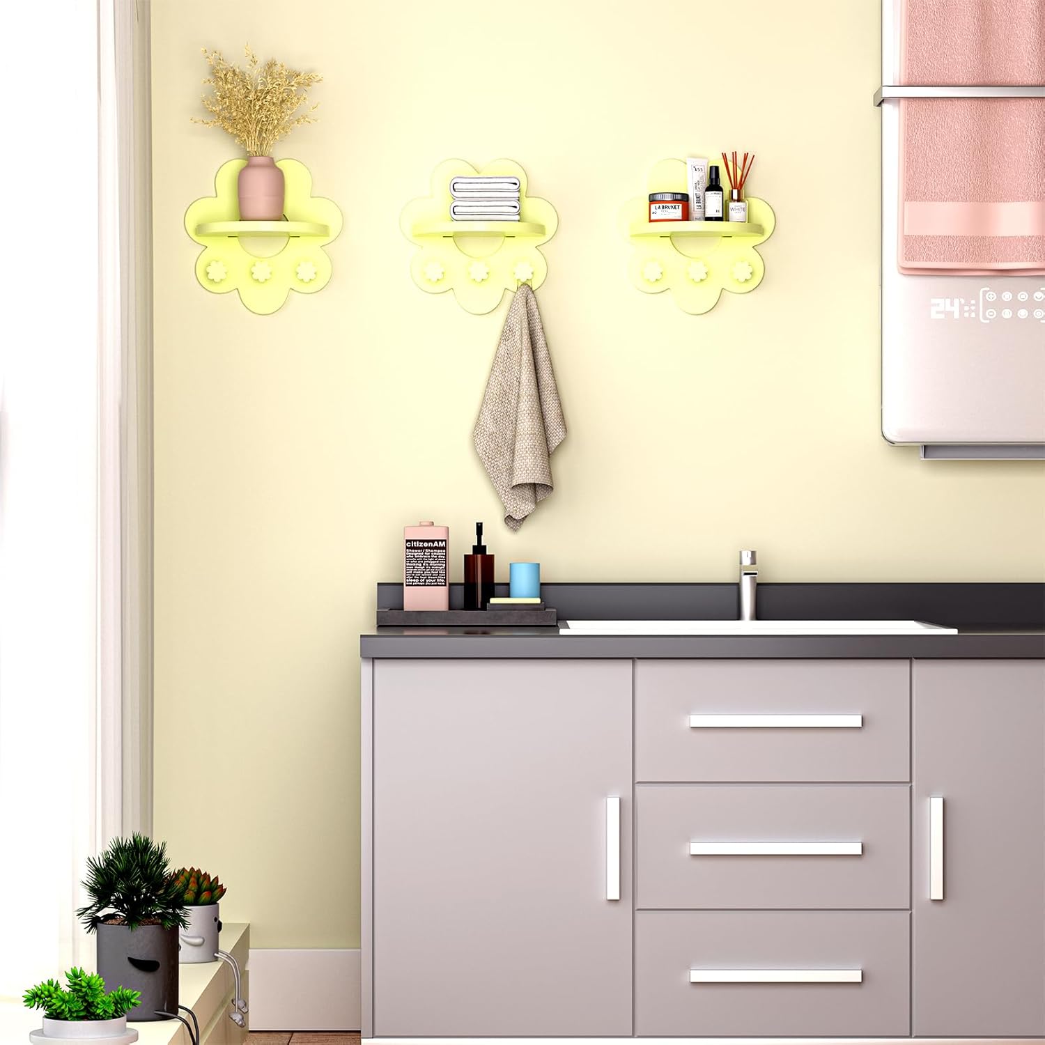 Wooden Floating Shelf with Hooks for Wall Decor