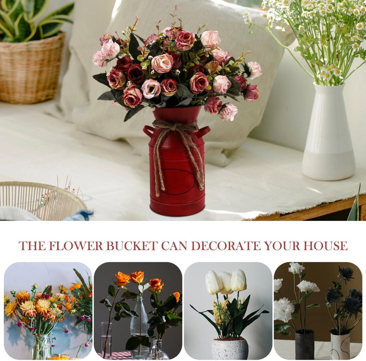 VOSAREA Red Galvanized Flower Bucket for Decor