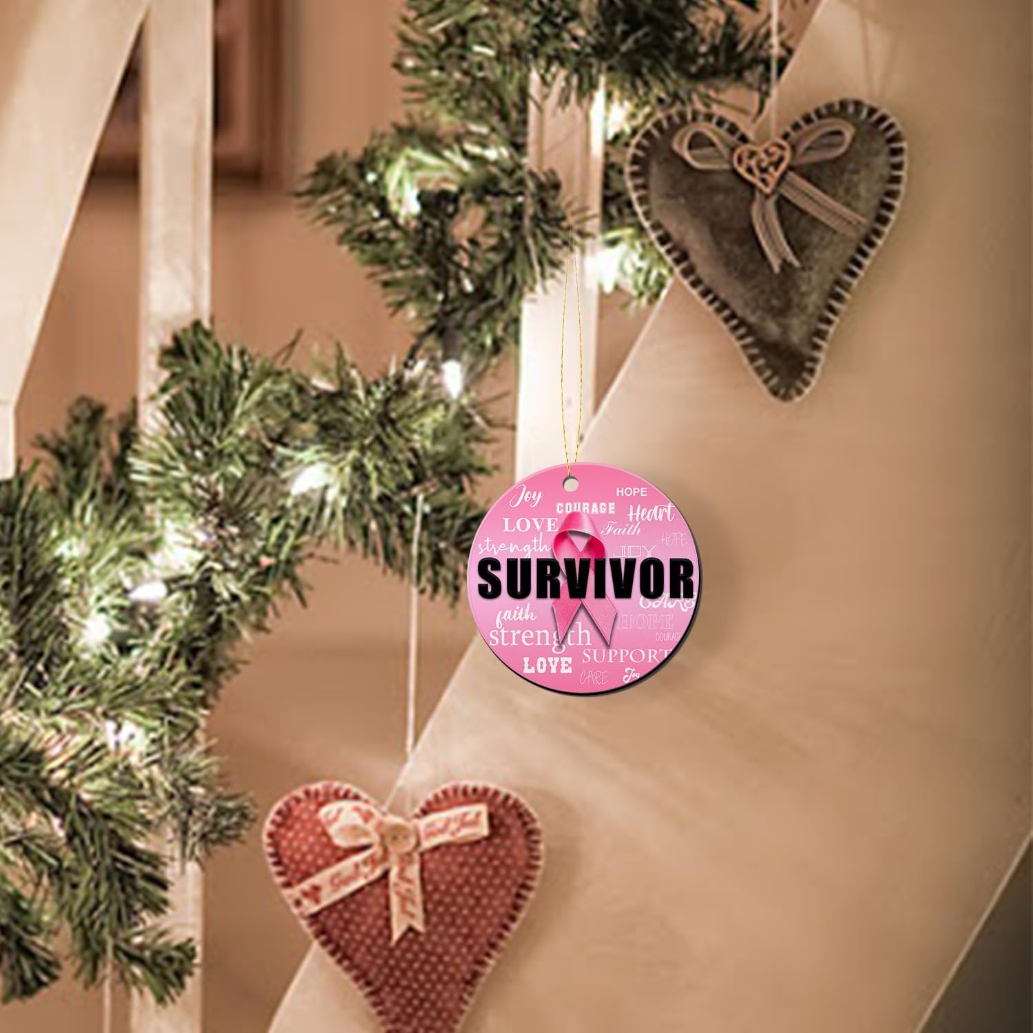XIAGEANA Breast Cancer Awareness Pink Ribbon Hanging Ornament - 3 Inch Ceramic