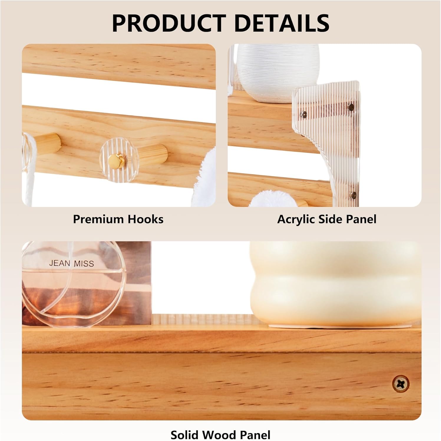 Floating Wall Shelves with Hooks 16 Inch Solid Wood