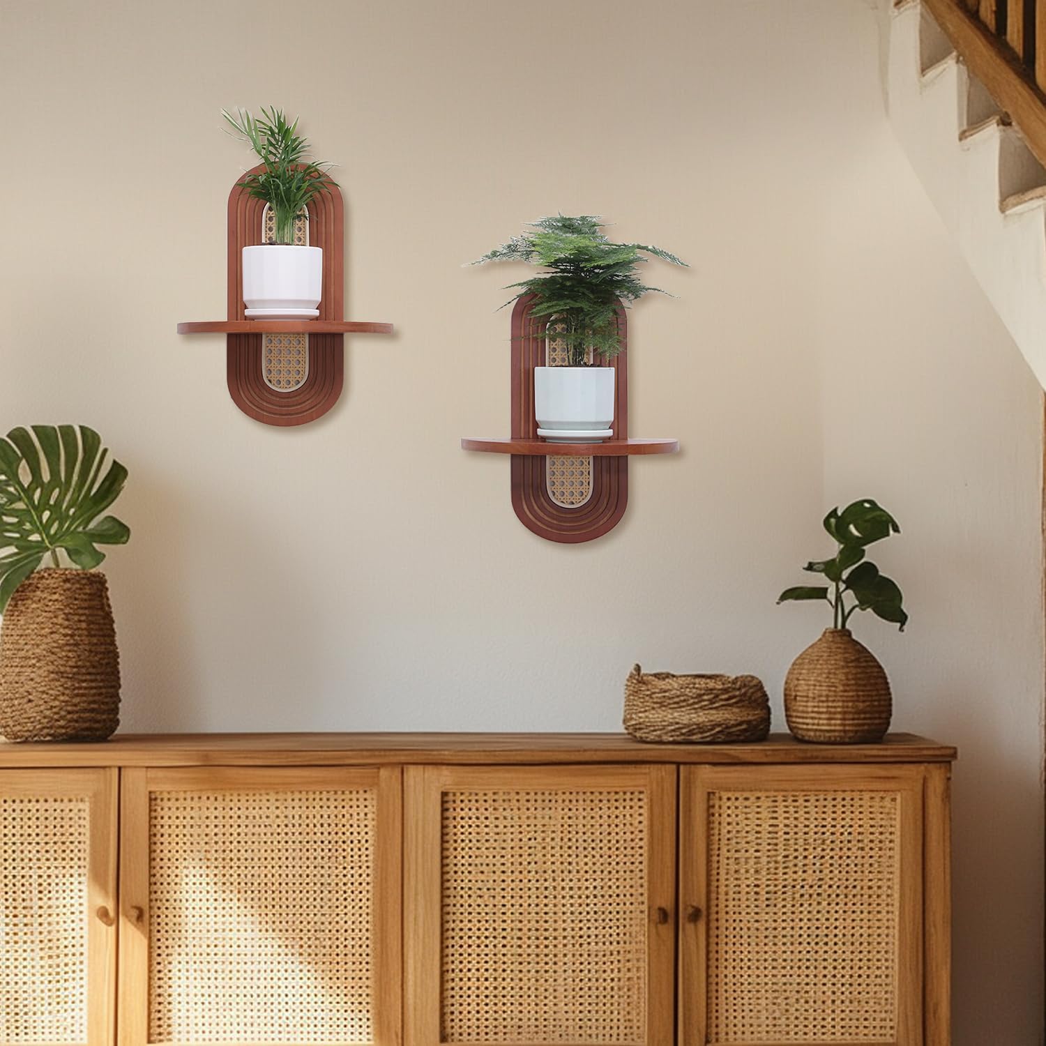Boho Rattan Floating Shelves Set of 2 for Living Room and Bedroom