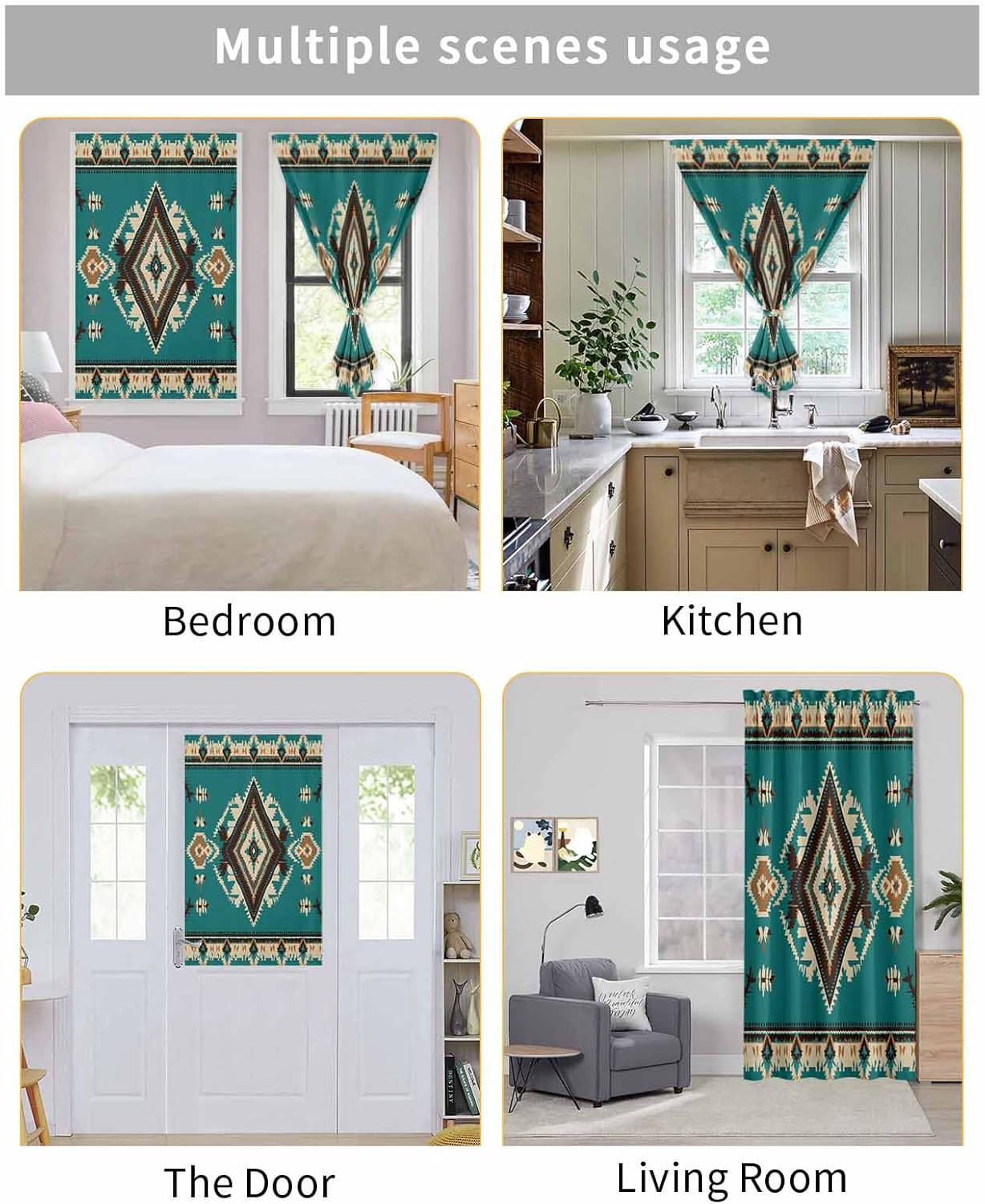 Green Southwestern Self Adhesive Blackout Curtains for Windows