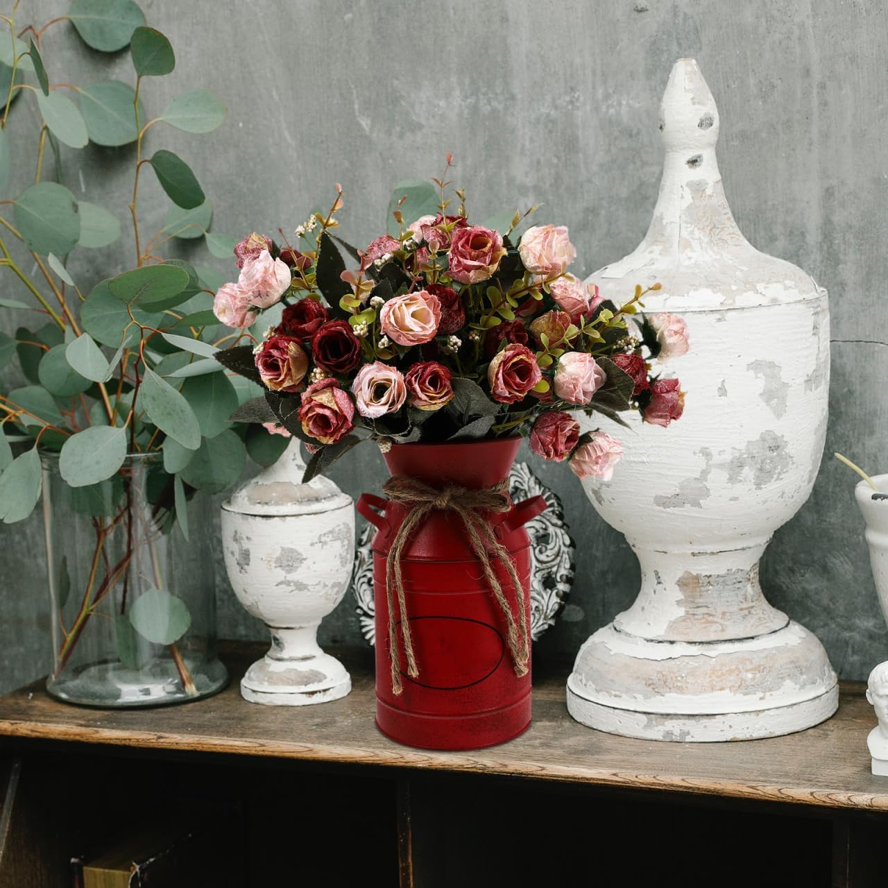 VOSAREA Red Galvanized Flower Bucket for Decor