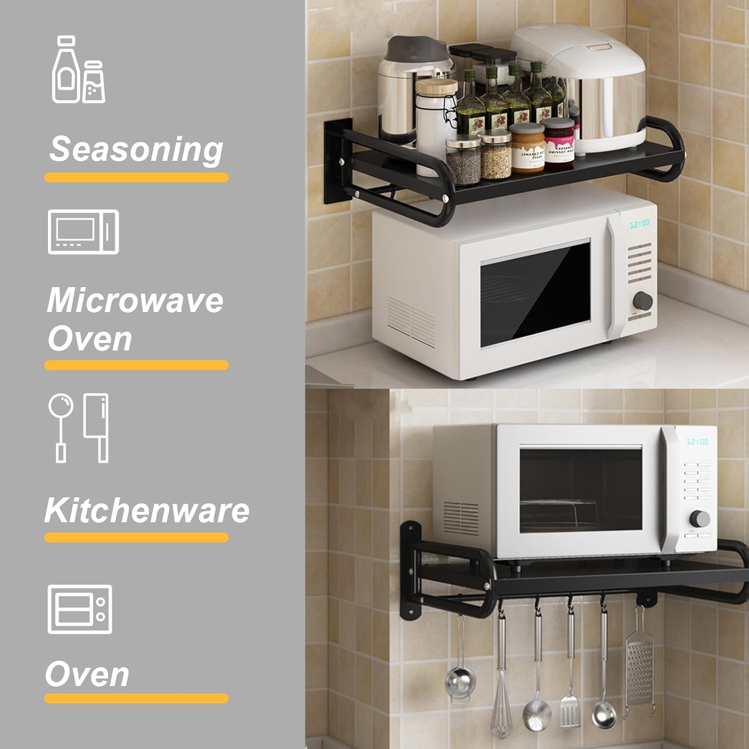 Wall Mount Microwave Oven Shelf with 6 Hooks Black