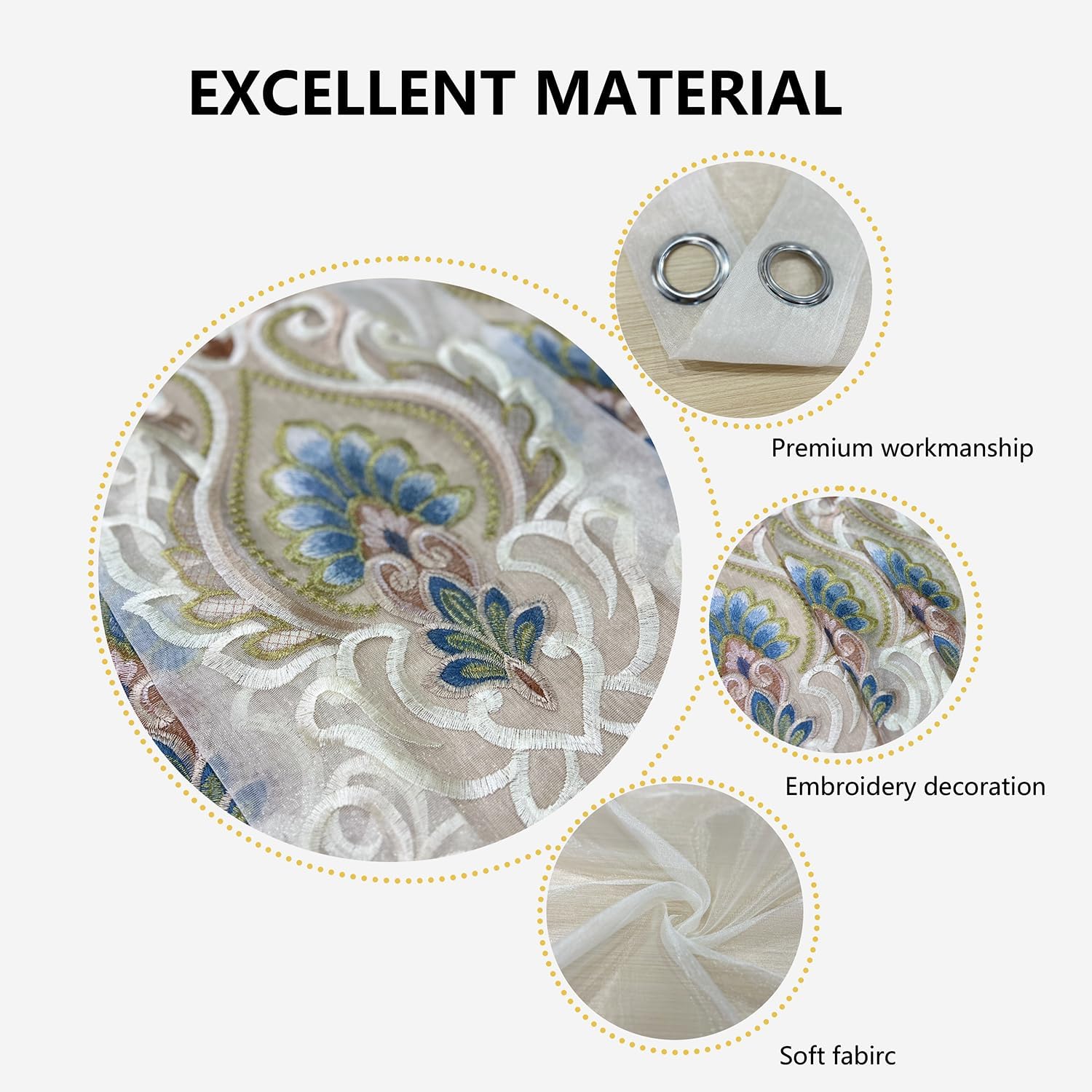 Elegant Floral Embroidered Sheer Curtains 2 Panels W80 X L96 Inch Grommet