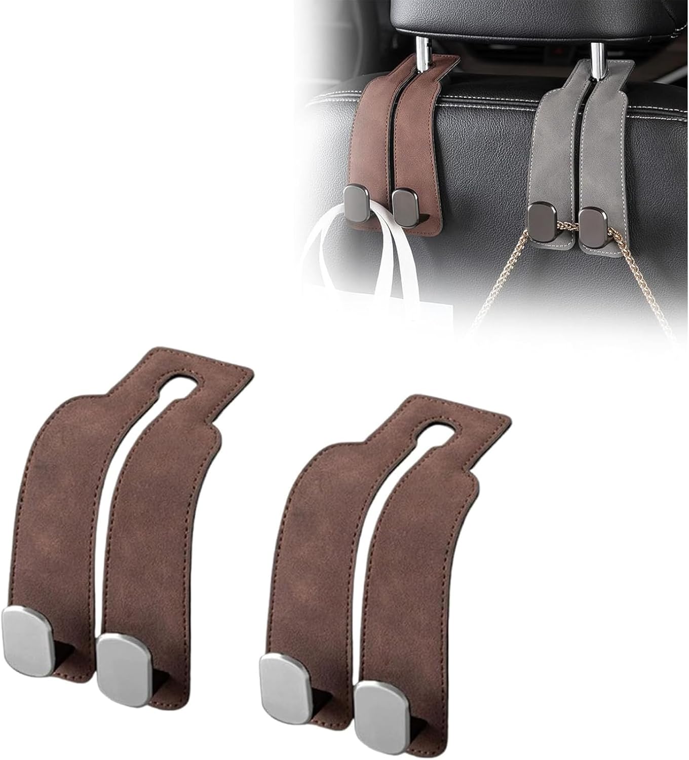 TwinHook Leather Car Headrest Hangers Brown 2