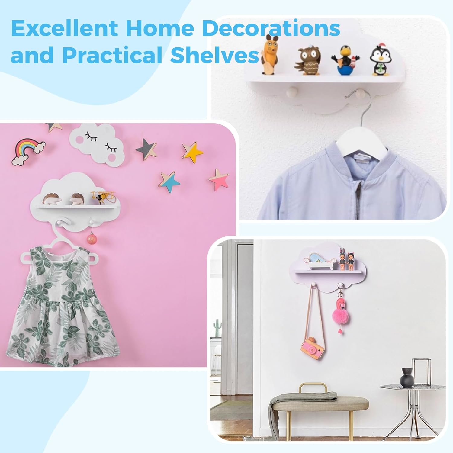 3PCS Wavy Cloud Wall Shelves White Kawaii Design