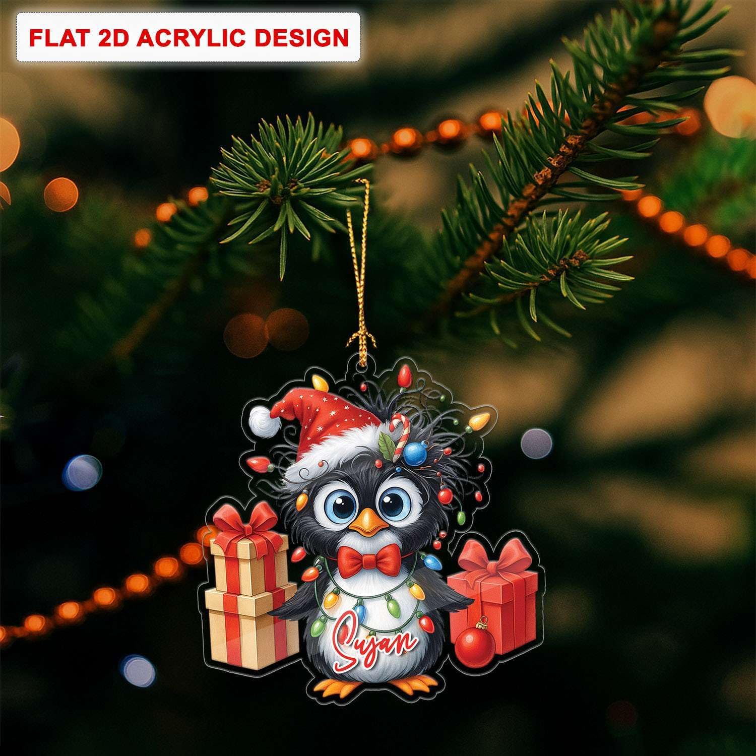 Personalized Penguin Christmas Ornament with Gift Boxes