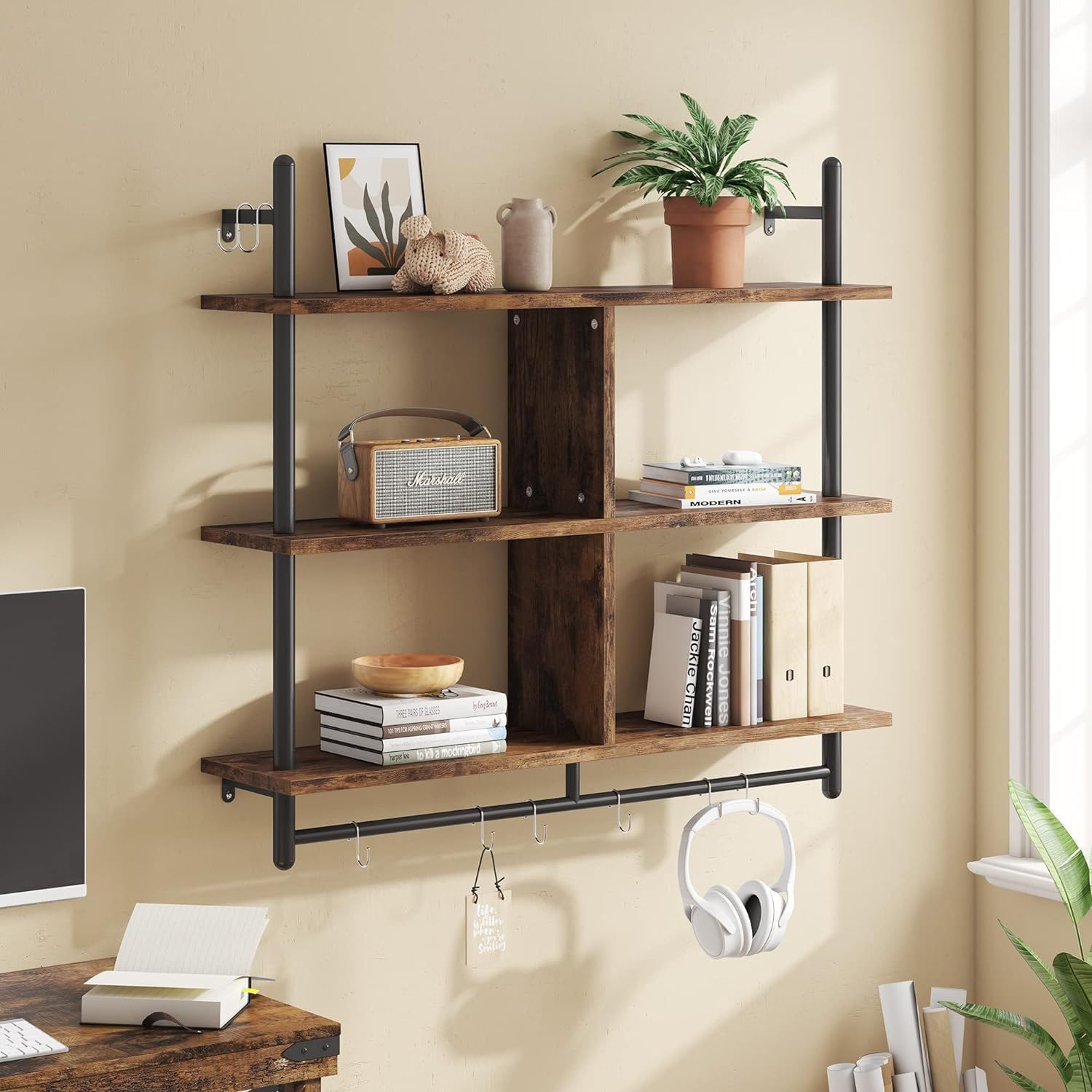 3 Tiers Wood Floating Shelving with Hooks