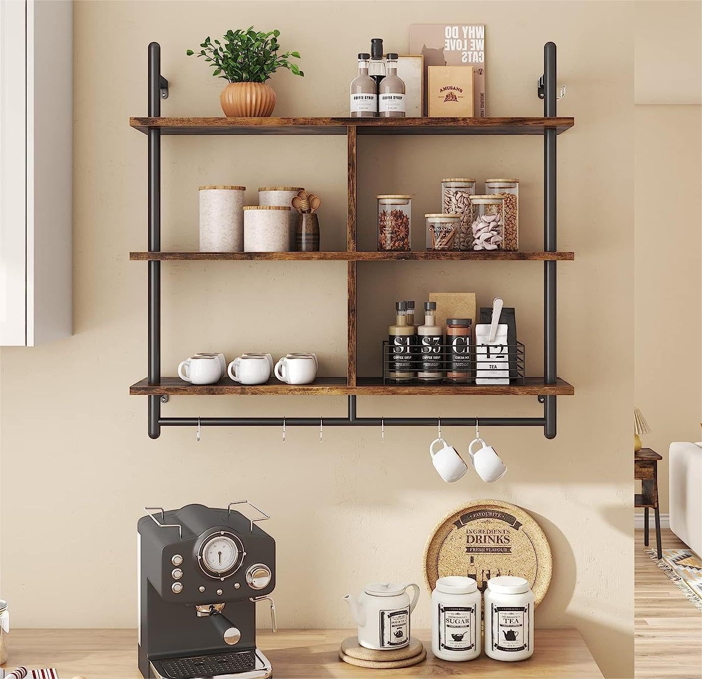 3 Tiers Wood Floating Shelving with Hooks