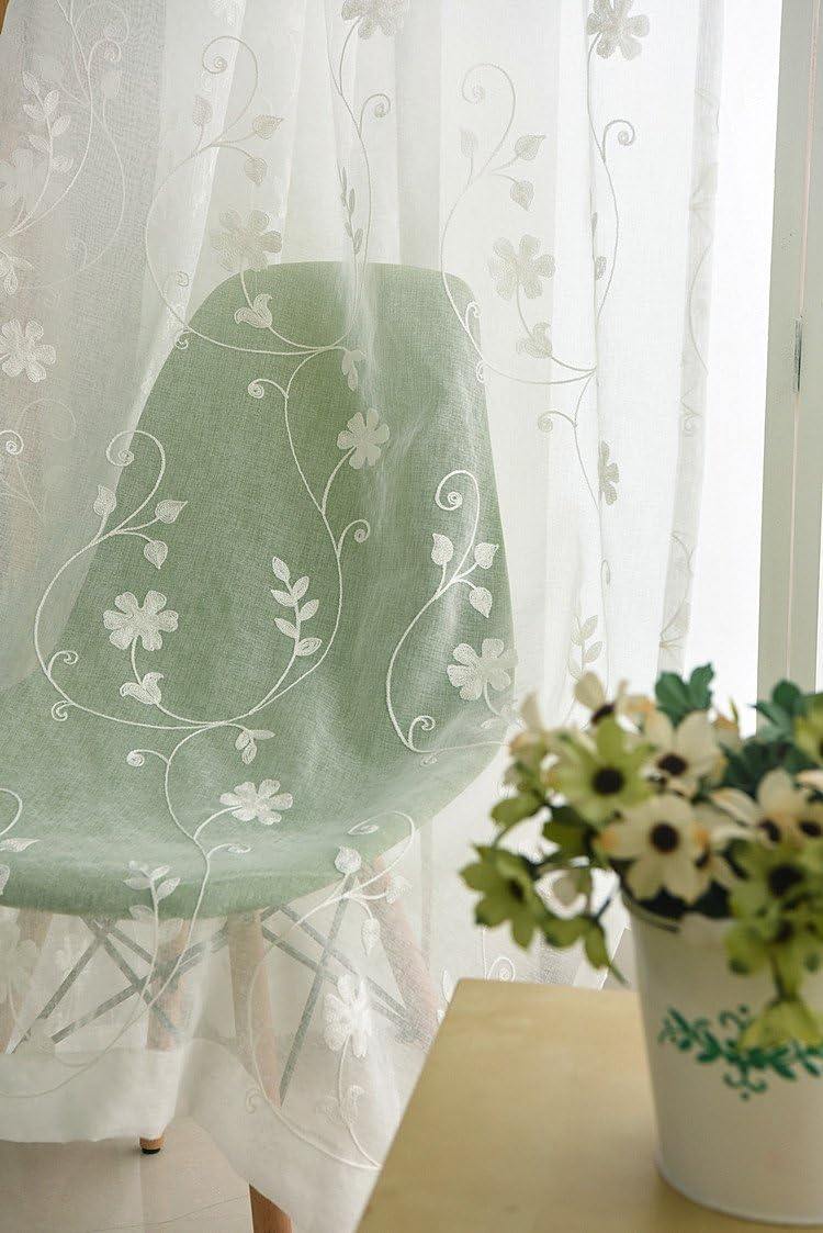 Semi Sheer Curtains with White Flowers 2 Panels